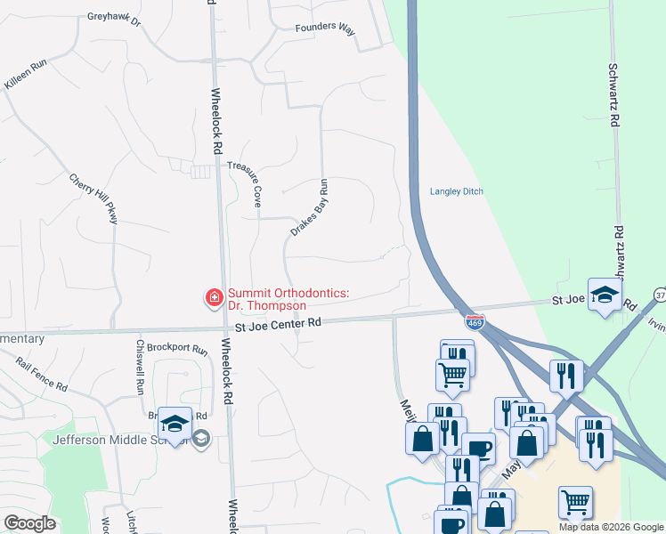 map of restaurants, bars, coffee shops, grocery stores, and more near 9626 Sea View Cove in Fort Wayne