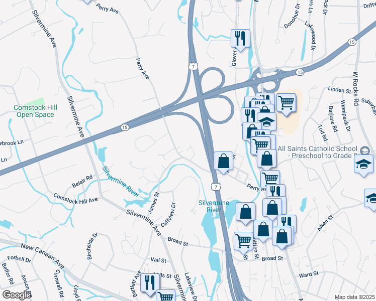 map of restaurants, bars, coffee shops, grocery stores, and more near 71 Perry Avenue in Norwalk