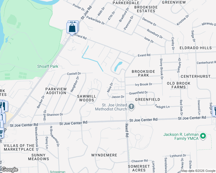 map of restaurants, bars, coffee shops, grocery stores, and more near 6225 Nina Drive in Fort Wayne