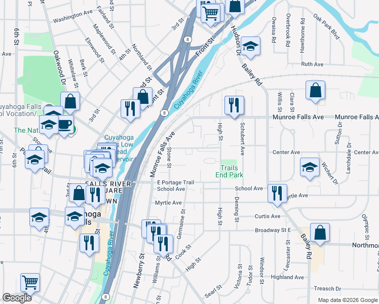 map of restaurants, bars, coffee shops, grocery stores, and more near 449 Jackson Street in Cuyahoga Falls
