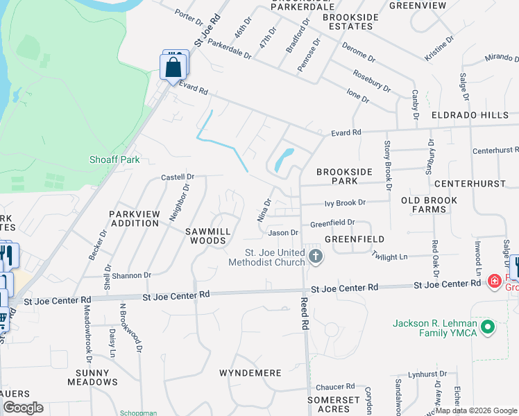 map of restaurants, bars, coffee shops, grocery stores, and more near 6225 Nina Drive in Fort Wayne