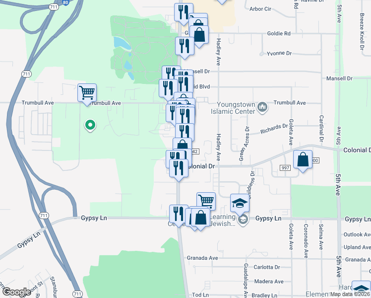 map of restaurants, bars, coffee shops, grocery stores, and more near 3027 Belmont Avenue in Youngstown