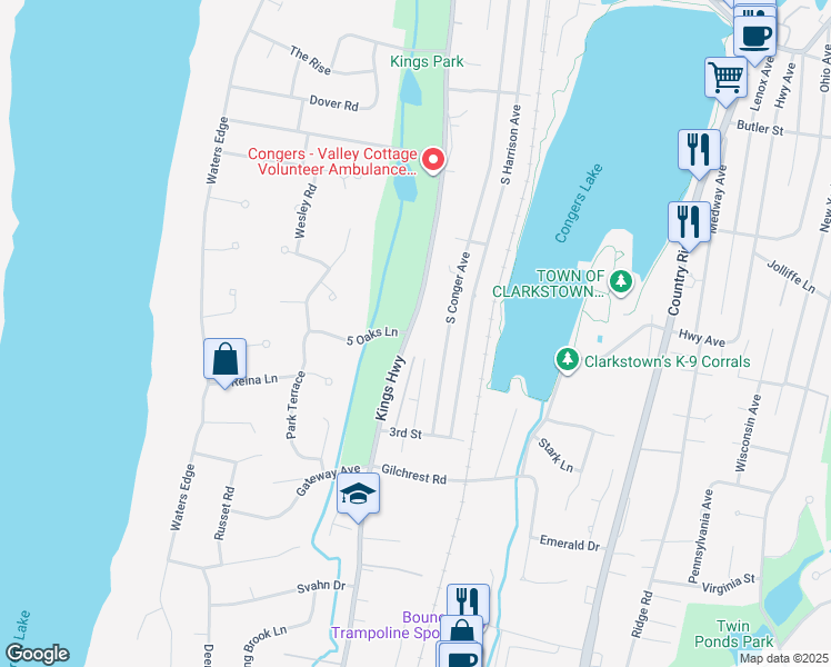 map of restaurants, bars, coffee shops, grocery stores, and more near 189 Kings Highway in Congers