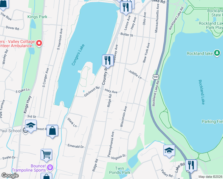 map of restaurants, bars, coffee shops, grocery stores, and more near 46 Ridge Road in Congers