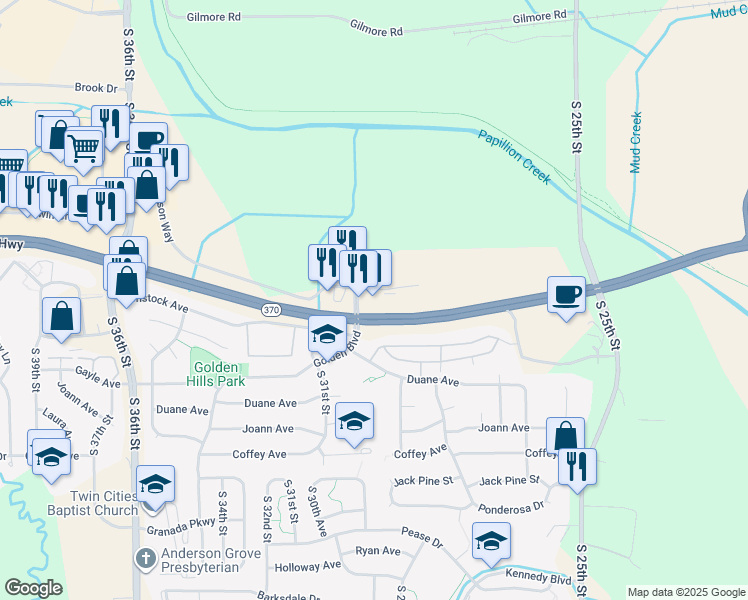map of restaurants, bars, coffee shops, grocery stores, and more near 2901 Samson Way in Bellevue