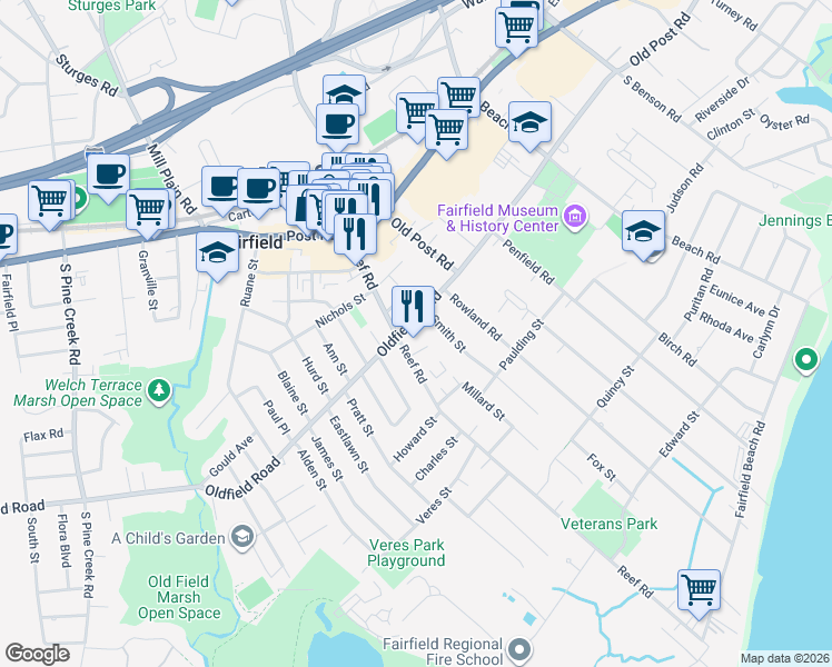 map of restaurants, bars, coffee shops, grocery stores, and more near 264 Reef Road in Fairfield