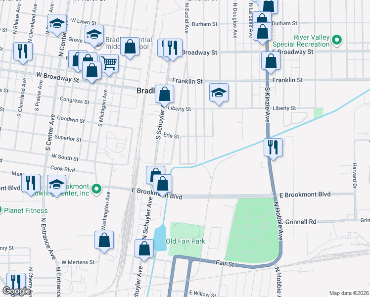 map of restaurants, bars, coffee shops, grocery stores, and more near 449 South Euclid Avenue in Bradley