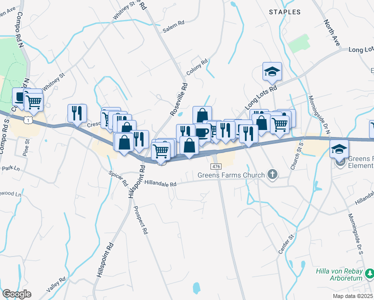 map of restaurants, bars, coffee shops, grocery stores, and more near 786 Post Road East in Westport
