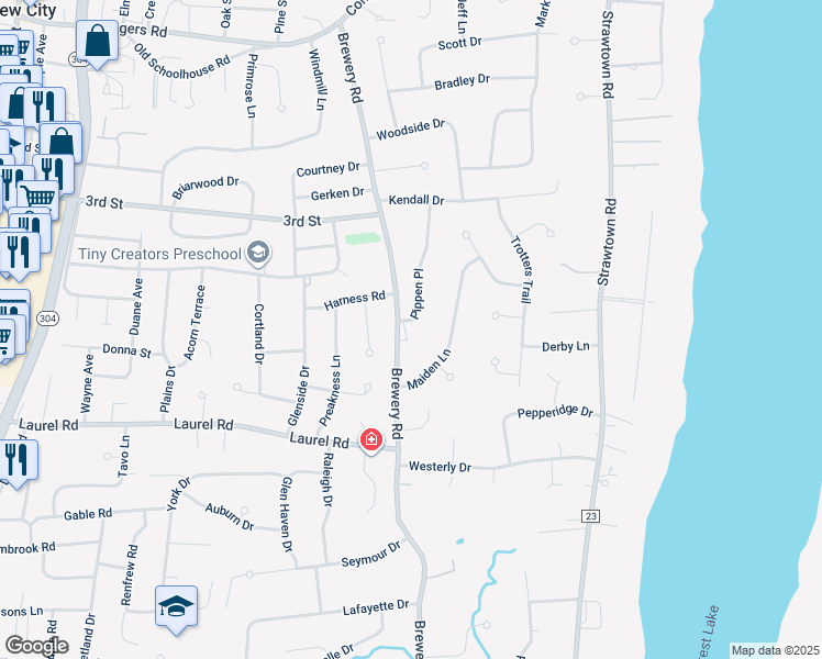 map of restaurants, bars, coffee shops, grocery stores, and more near 144 Brewery Road in New City