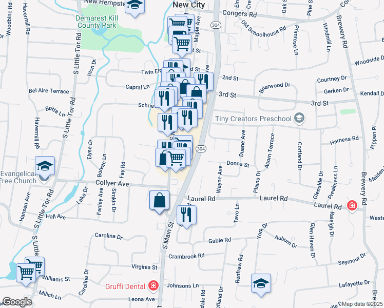 map of restaurants, bars, coffee shops, grocery stores, and more near 280 South Main Street in New City