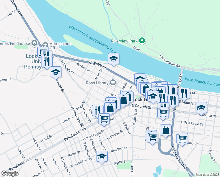 map of restaurants, bars, coffee shops, grocery stores, and more near 238 West Church Street in Lock Haven