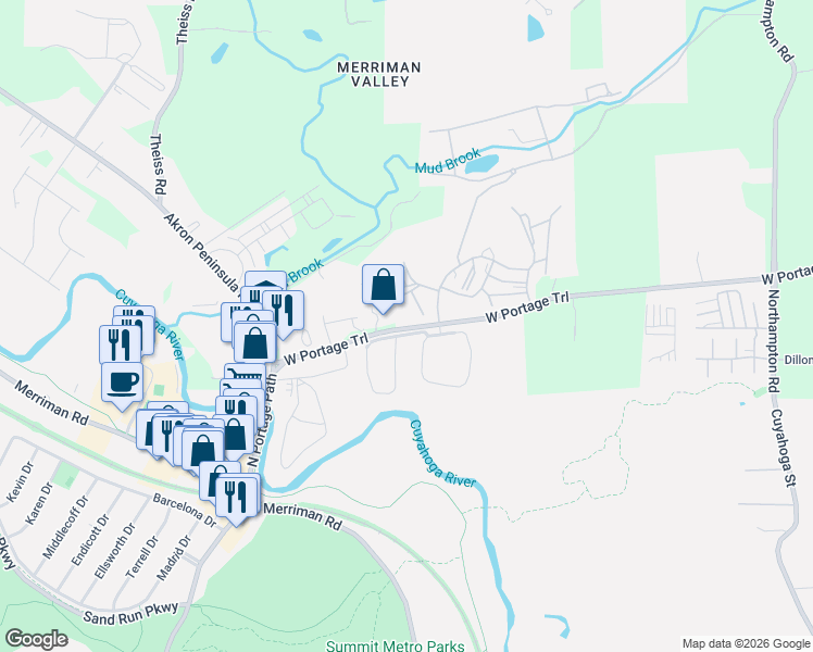 map of restaurants, bars, coffee shops, grocery stores, and more near 1757 East Waterford Court in Akron