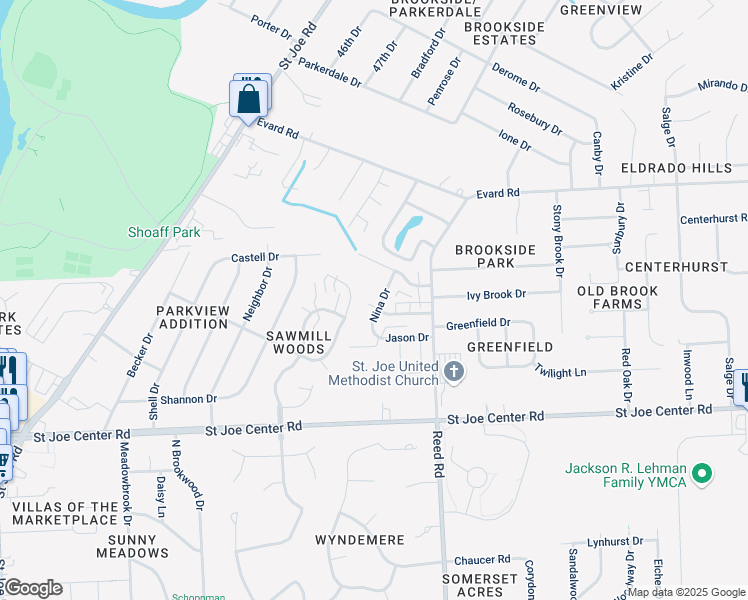 map of restaurants, bars, coffee shops, grocery stores, and more near 4604 Jason Drive in Fort Wayne