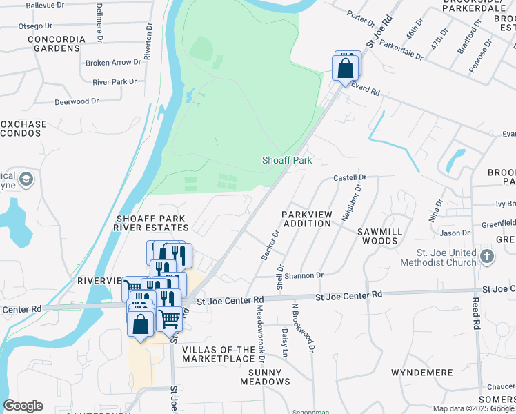 map of restaurants, bars, coffee shops, grocery stores, and more near 6259 Saint Joe Road in Fort Wayne