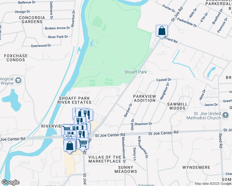 map of restaurants, bars, coffee shops, grocery stores, and more near 6221 Saint Joe Road in Fort Wayne