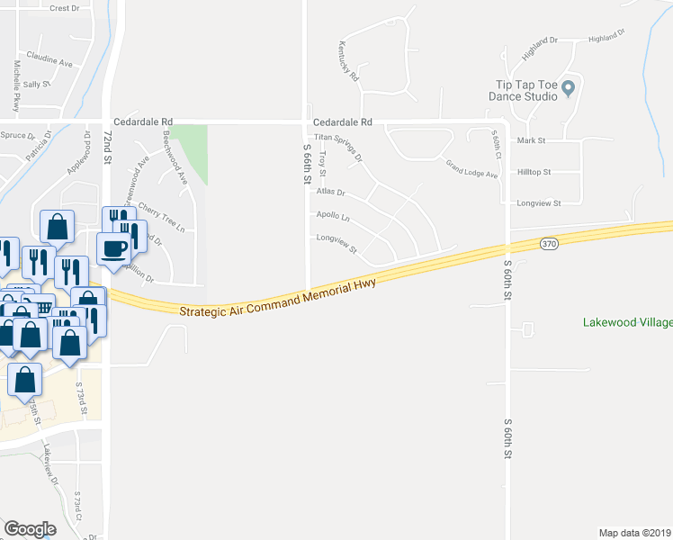 map of restaurants, bars, coffee shops, grocery stores, and more near 6487 Nebraska 370 in Papillion