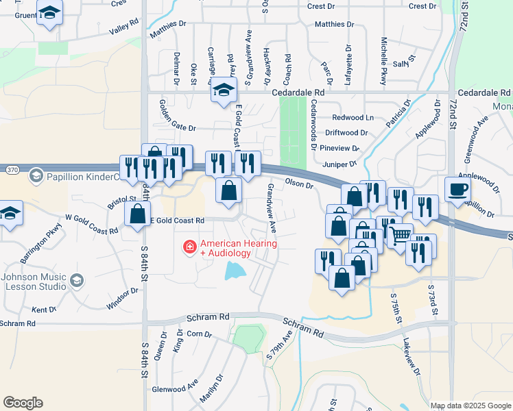 map of restaurants, bars, coffee shops, grocery stores, and more near 621 Fenwick Drive in Papillion