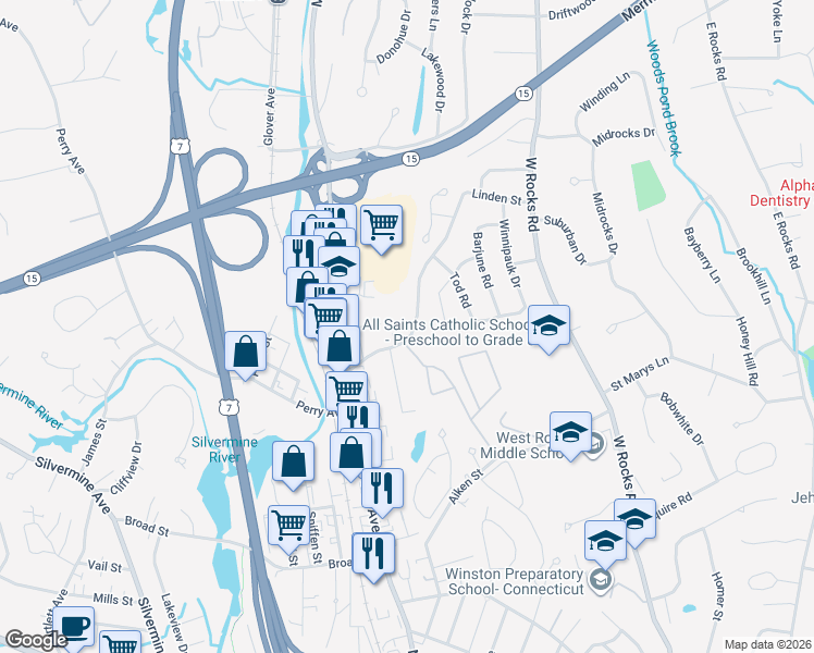 map of restaurants, bars, coffee shops, grocery stores, and more near 18 Linden Street in Norwalk