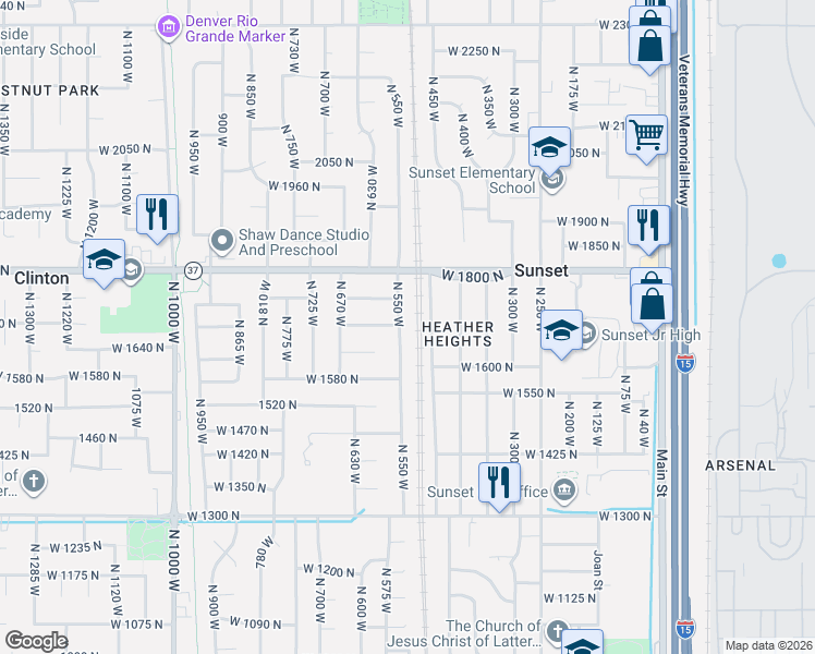 map of restaurants, bars, coffee shops, grocery stores, and more near 1641 North 550 West in Clinton