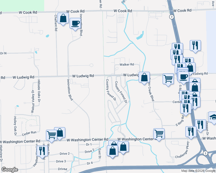 map of restaurants, bars, coffee shops, grocery stores, and more near 98-184 Country Forest Drive in Fort Wayne