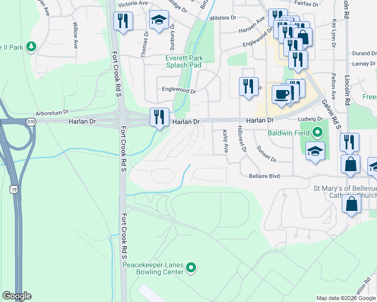 map of restaurants, bars, coffee shops, grocery stores, and more near 125 Cedar Circle in Bellevue