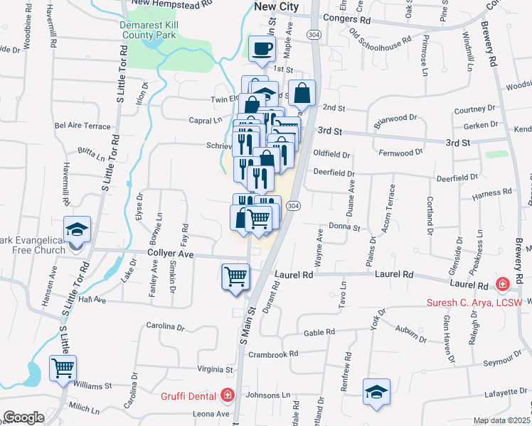 map of restaurants, bars, coffee shops, grocery stores, and more near 268 South Main Street in New City