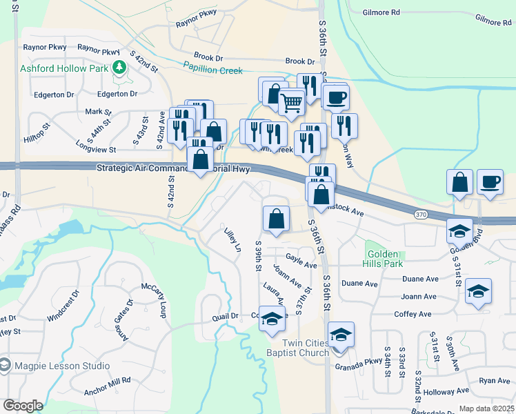 map of restaurants, bars, coffee shops, grocery stores, and more near 11510 South 39th Street in Bellevue