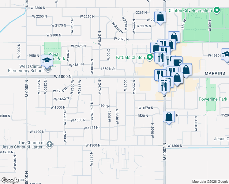 map of restaurants, bars, coffee shops, grocery stores, and more near 1693 North 2340 West in Clinton