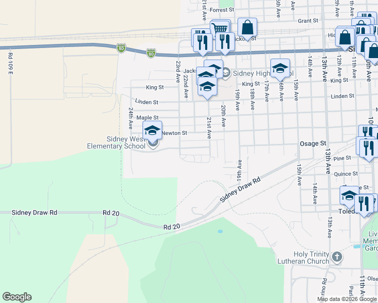 map of restaurants, bars, coffee shops, grocery stores, and more near 2201-2299 Newton Street in Sidney