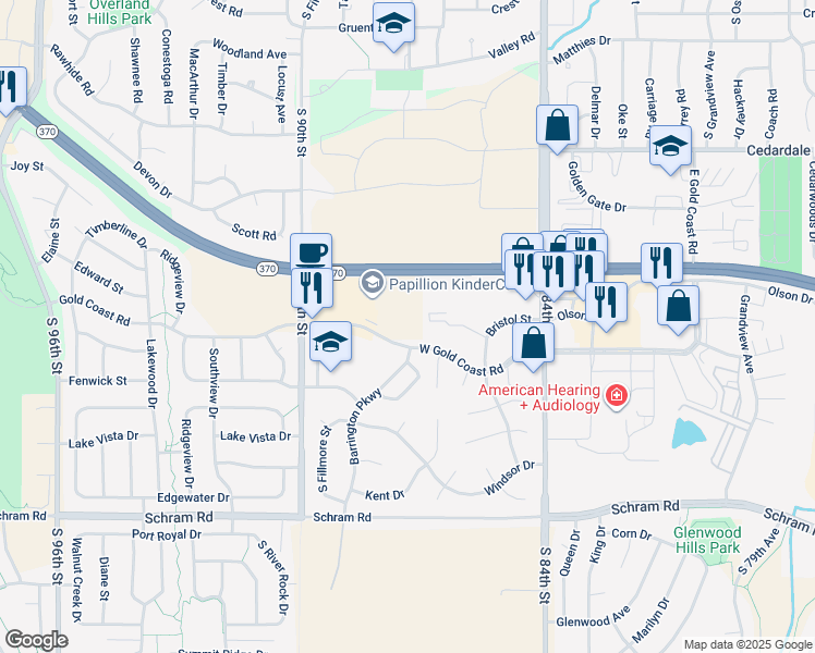 map of restaurants, bars, coffee shops, grocery stores, and more near 602 West Gold Coast Road in Papillion