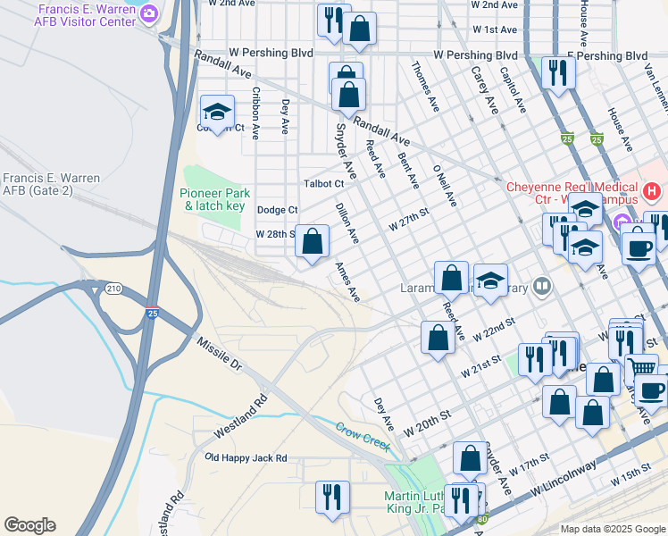 map of restaurants, bars, coffee shops, grocery stores, and more near 1026 West 27th Street in Cheyenne