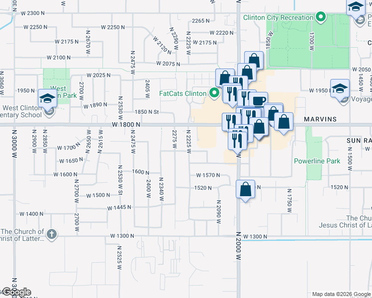 map of restaurants, bars, coffee shops, grocery stores, and more near 1738 North 2275 West in Clinton