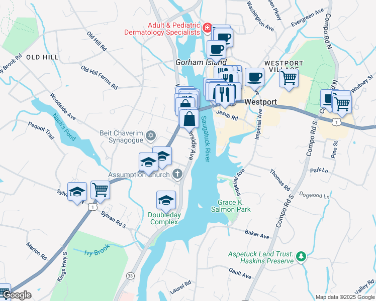 map of restaurants, bars, coffee shops, grocery stores, and more near 8 Cross Street in Westport
