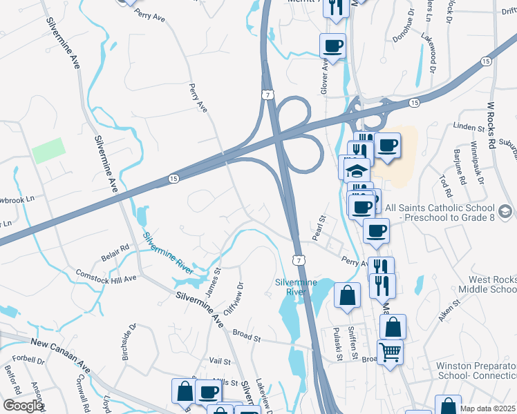 map of restaurants, bars, coffee shops, grocery stores, and more near 82 Perry Avenue in Norwalk