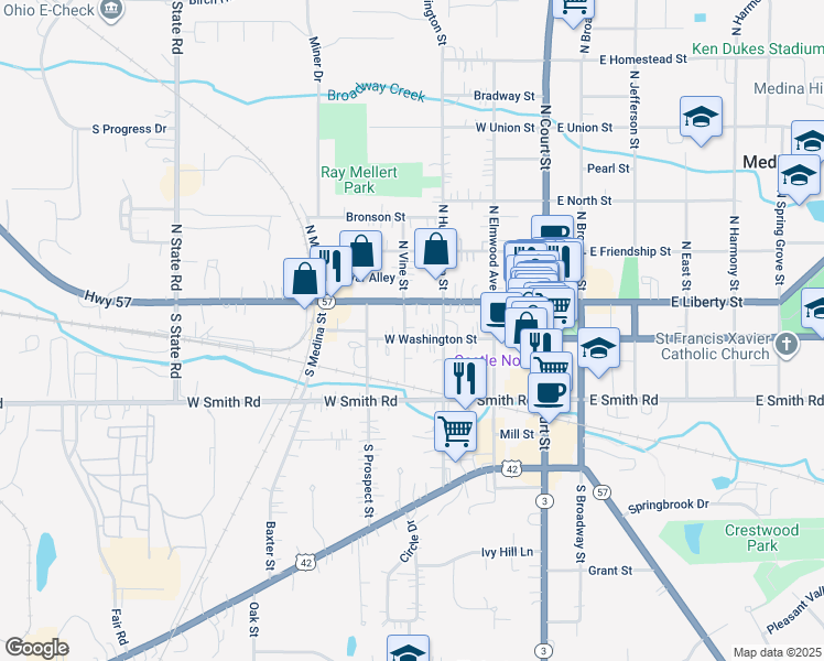 map of restaurants, bars, coffee shops, grocery stores, and more near 310 West Liberty Street in Medina