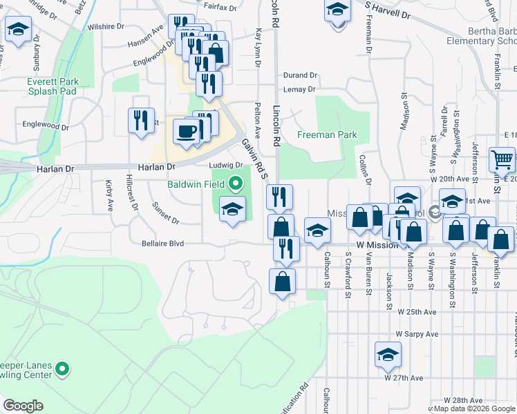map of restaurants, bars, coffee shops, grocery stores, and more near 1028 Parkway Drive in Bellevue