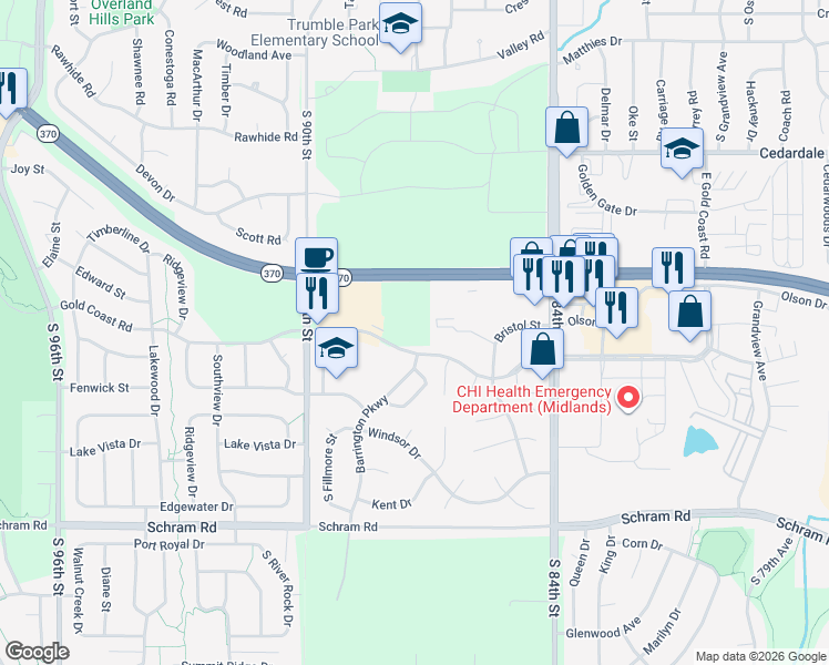 map of restaurants, bars, coffee shops, grocery stores, and more near 602 West Gold Coast Road in Papillion
