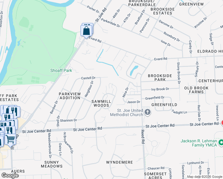 map of restaurants, bars, coffee shops, grocery stores, and more near 4227 Crofton Court in Fort Wayne