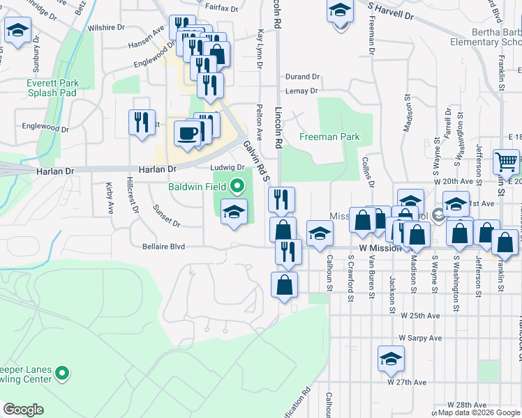 map of restaurants, bars, coffee shops, grocery stores, and more near 1028 Parkway Drive in Bellevue