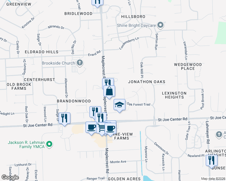 map of restaurants, bars, coffee shops, grocery stores, and more near 6250 Maplecrest Road in Fort Wayne