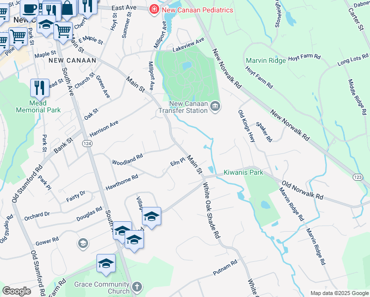 map of restaurants, bars, coffee shops, grocery stores, and more near 474 Main Street in New Canaan