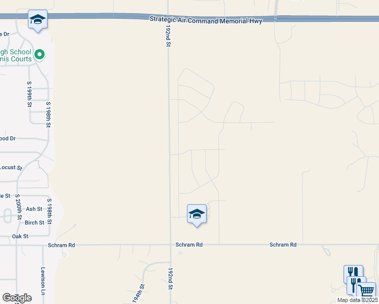 map of restaurants, bars, coffee shops, grocery stores, and more near 11521 South 192nd Street in Gretna