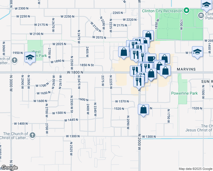 map of restaurants, bars, coffee shops, grocery stores, and more near 2256 West 1680 North in Clinton