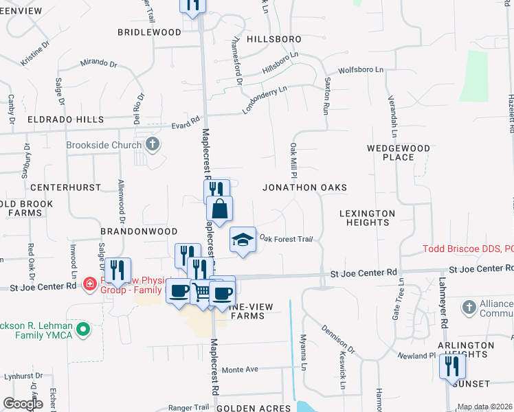 map of restaurants, bars, coffee shops, grocery stores, and more near 6232 Twisted Oak Court in Fort Wayne