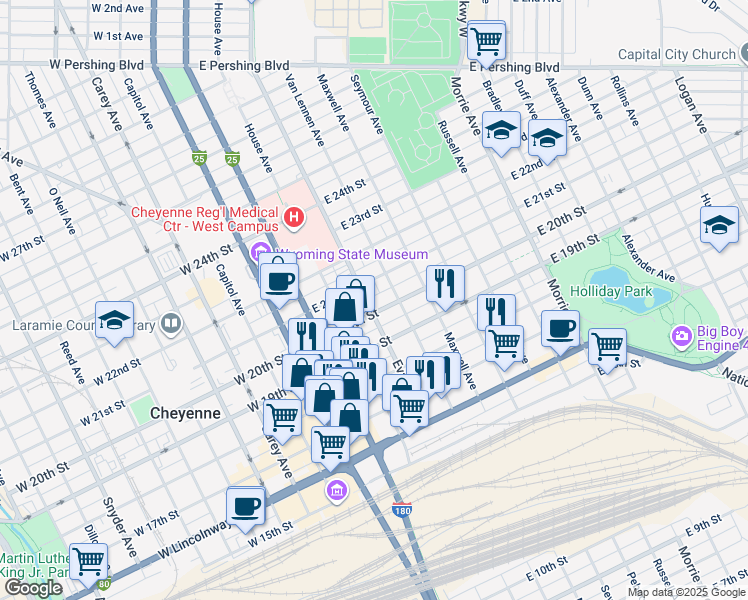 map of restaurants, bars, coffee shops, grocery stores, and more near 2016 Van Lennen Avenue in Cheyenne