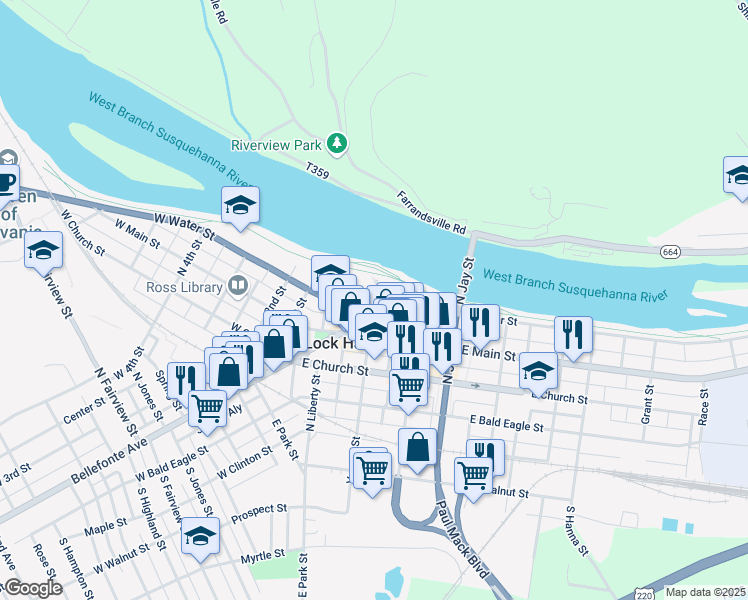 map of restaurants, bars, coffee shops, grocery stores, and more near Perry's Alley in Lock Haven