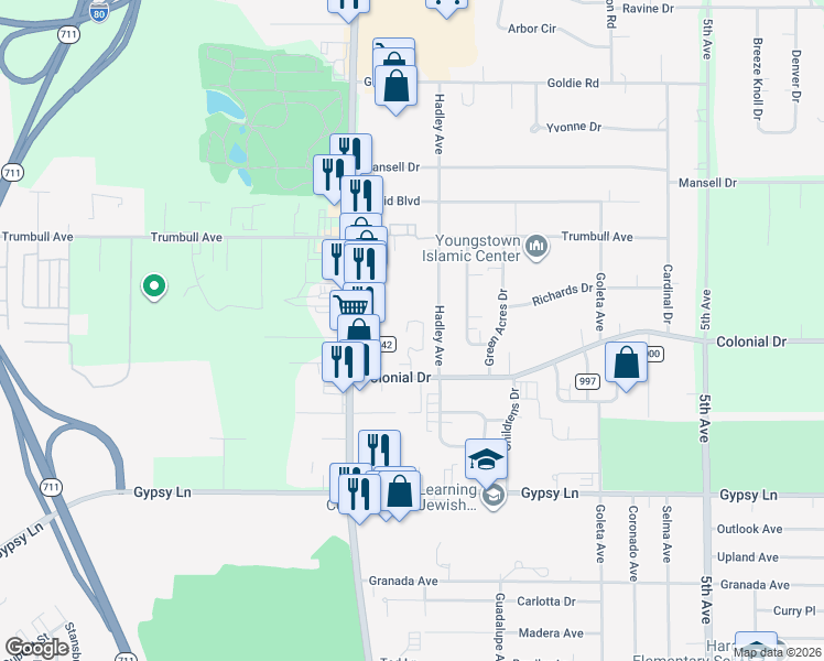 map of restaurants, bars, coffee shops, grocery stores, and more near 3098 Hadley Avenue in Youngstown