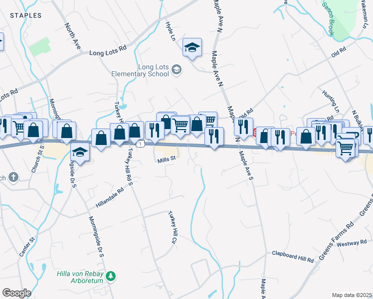 map of restaurants, bars, coffee shops, grocery stores, and more near 1385 Post Road East in Westport