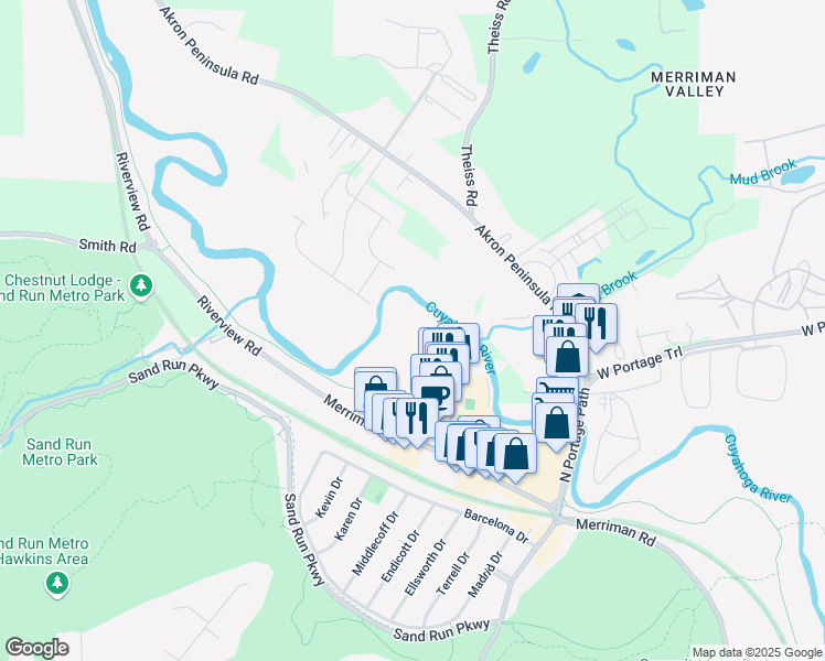 map of restaurants, bars, coffee shops, grocery stores, and more near 1321 Weathervane Ln in Akron