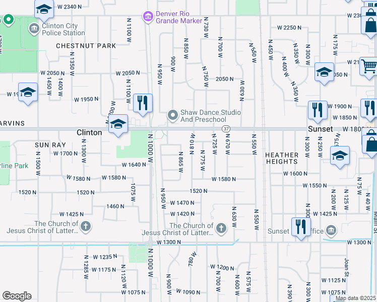 map of restaurants, bars, coffee shops, grocery stores, and more near 1701 North 810 West in Clinton